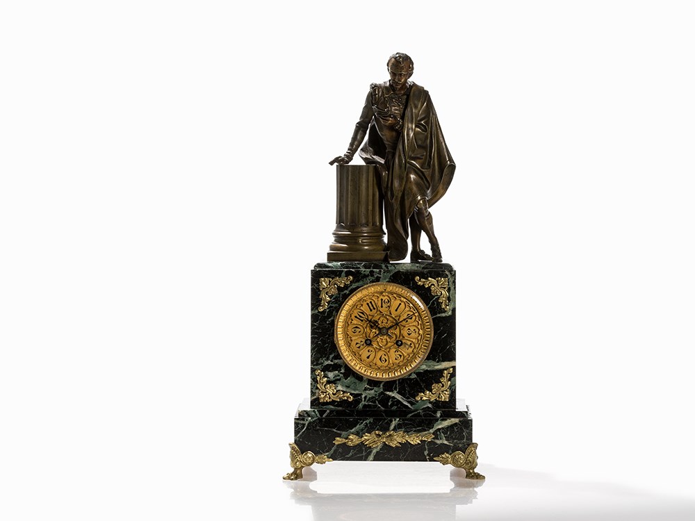 A Figural Mantel Clock ‘Nobleman’, Japy, France, 19th CBronze, gold-plated and patinated, marble,