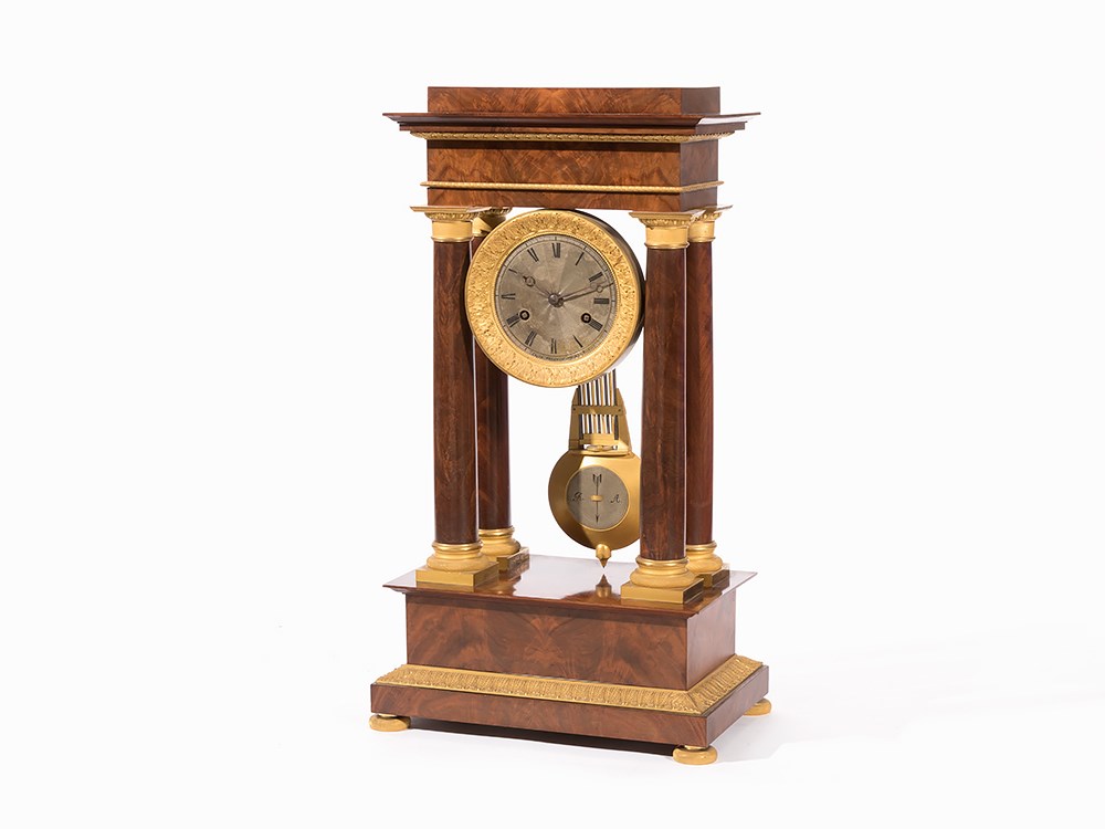 X-Large Neoclassicism-Portico Clock, Pigneret, Paris, c. 1840Mahogany, bronze, gold-plated, brass,