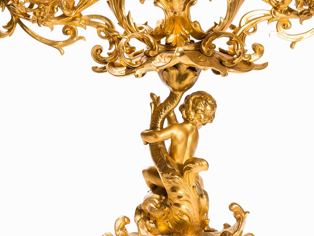 A Pair of 5-flame Napoleon III Candelabras Aux Dauphins, 19th C Gilt-bronzeFrance, 2nd Half 19th - Image 8 of 9