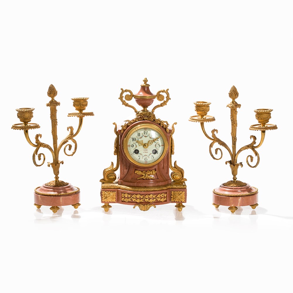 Marble Mantel Clock Garniture, Louis XVI Style, Paris, c. 1860  Pink marble, gilt bronze, enamel, - Image 9 of 9