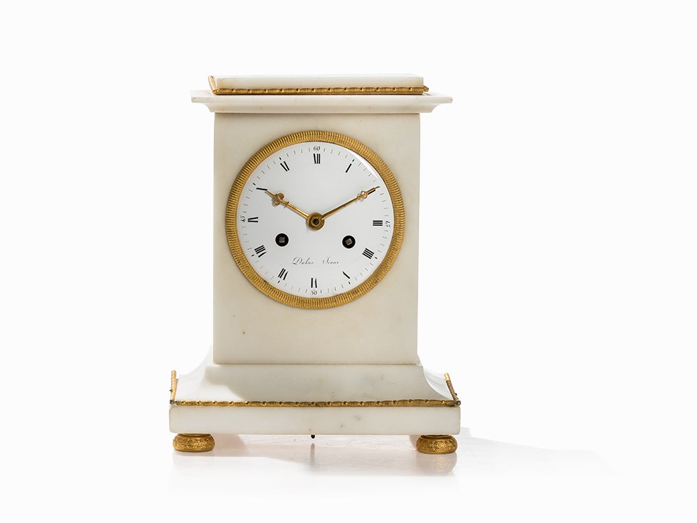 Empire Mantel Clock with White Marble, Dubuc, France, c. 1800 White marble, bronze, gold-plated,