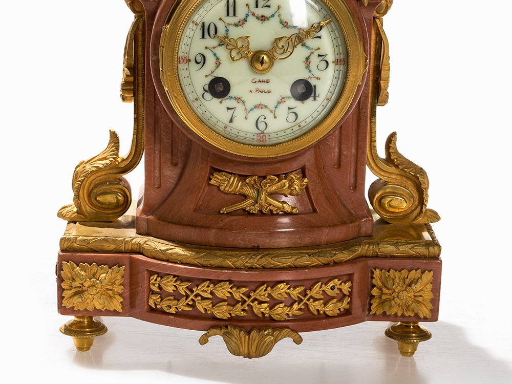 Marble Mantel Clock Garniture, Louis XVI Style, Paris, c. 1860  Pink marble, gilt bronze, enamel, - Image 5 of 9