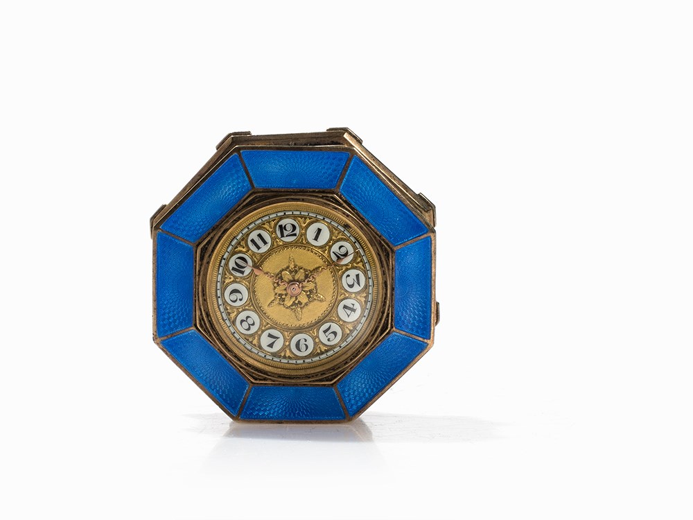 Valmé, Silver Miniature Clock, Guilloche Enamel, Geneva c. 1910 935 silver, gold-plated, enamel,