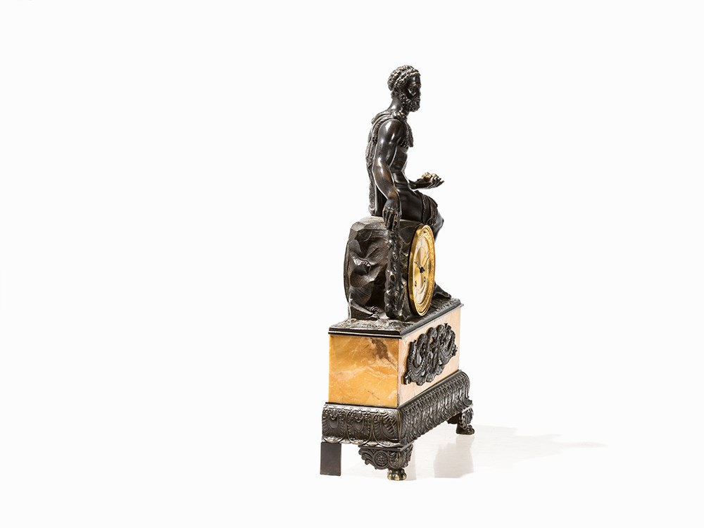 A Neoclassical Mantel Clock with Hercules, Lamy, Paris, 19th C Bronze with dark patina and parcel- - Image 5 of 6