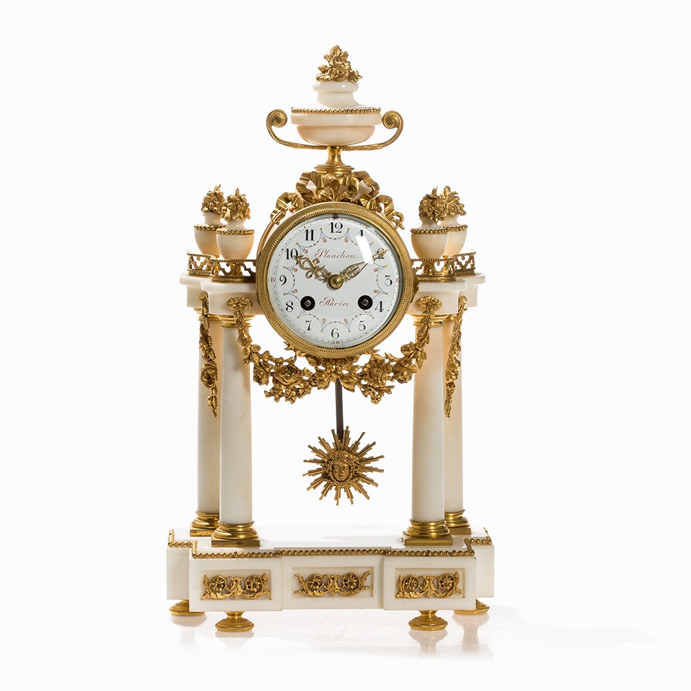 Louis XVI Style Portico Clock, Planchon/Japy, France, c. 1850White Naxos Marble, bronze, gold- - Image 8 of 8