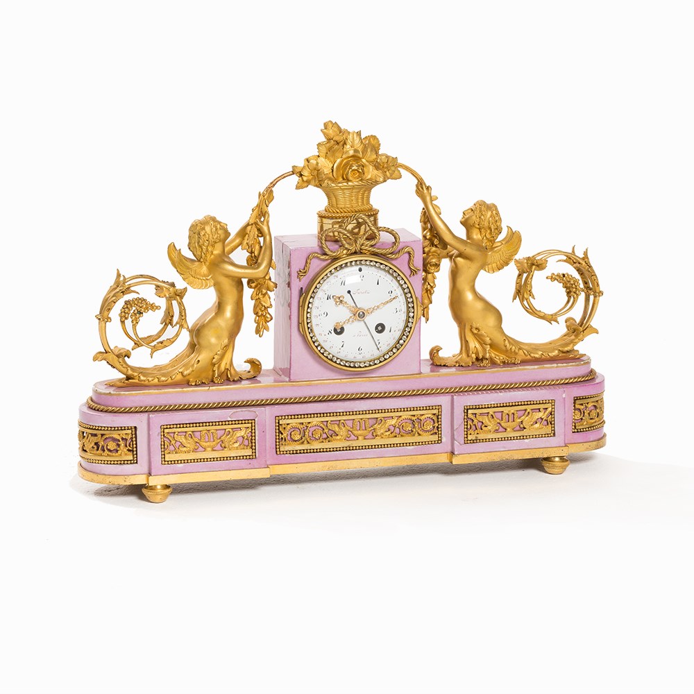 J. Furet, Porcelain Clock with Grotesques, France, c. 1800Bronze, gold-plated, porcelain, painted - Image 10 of 10