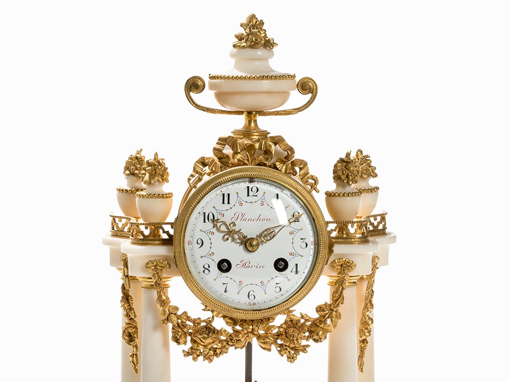 Louis XVI Style Portico Clock, Planchon/Japy, France, c. 1850White Naxos Marble, bronze, gold- - Image 2 of 8