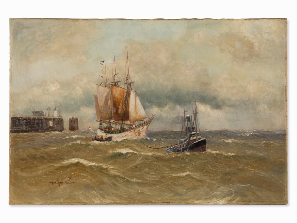 Alfred Jensen (1859-1935), Sailboat with Tug, circa 1900 Oil on canvasDenmark/Germany, circa - Image 2 of 14