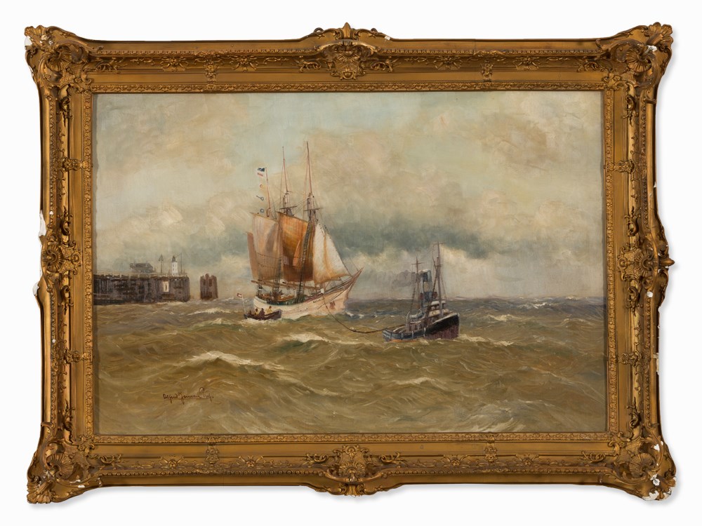 Alfred Jensen (1859-1935), Sailboat with Tug, circa 1900 Oil on canvasDenmark/Germany, circa