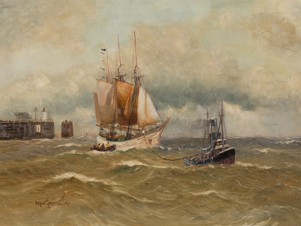 Alfred Jensen (1859-1935), Sailboat with Tug, circa 1900 Oil on canvasDenmark/Germany, circa - Image 3 of 14