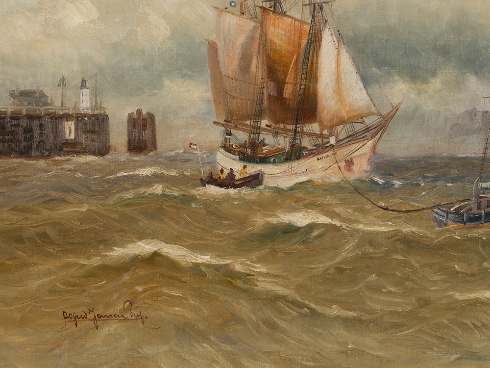 Alfred Jensen (1859-1935), Sailboat with Tug, circa 1900 Oil on canvasDenmark/Germany, circa - Image 6 of 14