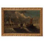 Ships in the Harbor at Thunderstorm, Oil Painting, c. 1900 Oil on canvas, relinedPresumably Holland,