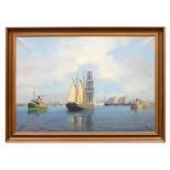 Oil Painting, Harbor View with Sailing Ship, c. 1910 Oil on canvas Presumably Denmark, around 1910