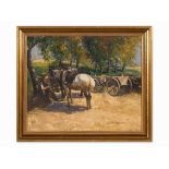 Georg Hoffmann, Farmer Resting with Horses and Cart, Oil, 20th Oil on cardboardGermany, first half