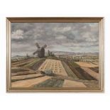 Windmill in Wide Landscape, Oil Painting, 20th Century Oil on boardGermany/Netherlands, 20th