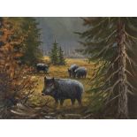 Oil Painting “Boar with Sounder”, W. Richter, 20th Century Oil on cardboardGermany, 20th