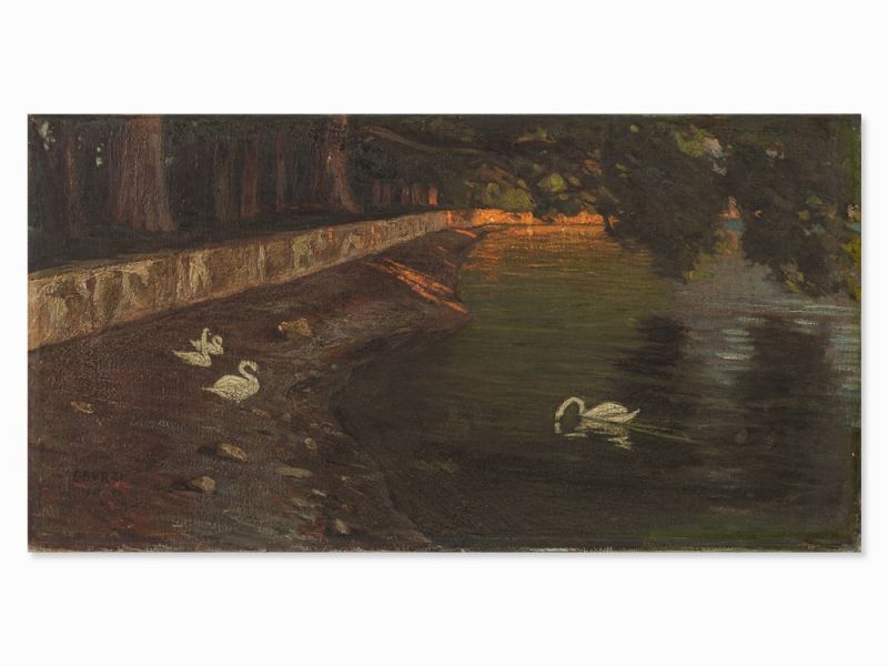 Ettore Burzi (1872-1937), Gewässer mit Schwänen, Öl, 1907 Öl auf Leinwand, doubliertSchweiz, - Image 3 of 10