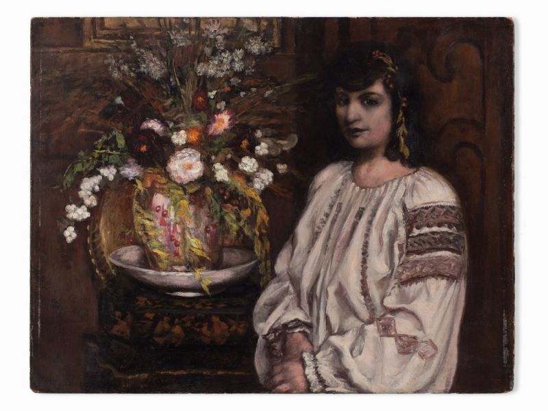 Émile Bernard, La Sicilienne au Bouquet de Fleurs, 1922 Öl auf Papier, auf Karton aufgelegtItalien/ - Image 3 of 10