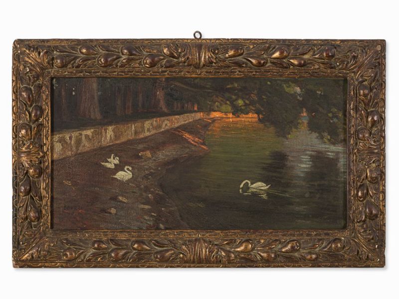 Ettore Burzi (1872-1937), Gewässer mit Schwänen, Öl, 1907 Öl auf Leinwand, doubliertSchweiz, - Image 2 of 10