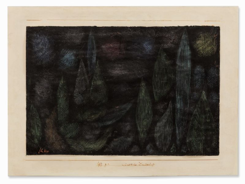 Paul Klee (1879-1940), Nächtliche Landschaft, Farbstift, 1937 Farbstiftzeichnung auf schwarz