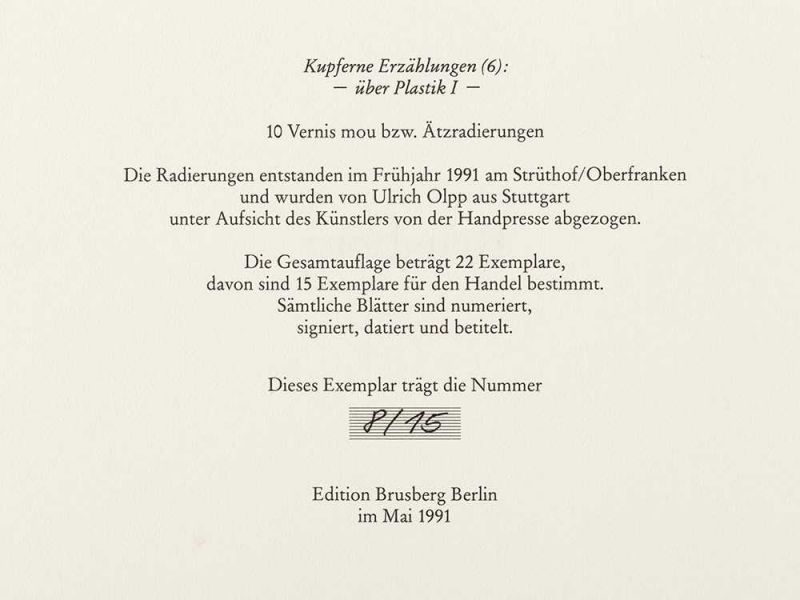 Dietrich Klinge, Kupferne Erzählungen, 10 Radierungen, 1991 Mappenwerk mit 10 Radierungen mit Vernis - Image 3 of 14