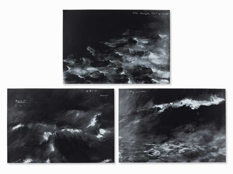 Tacita Dean, Horizon/Rain/Filthy Weather, 3 Serigrafien, 1998 Folge von 3 Serigrafien auf schwarz