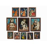 11 Hinterglasbilder mit Religiösen Motiven, Spanien, 19. Jh. Öl hinter Glas, Holzrahmenmeist