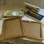 A Viners tray a silk purse and two picture frames.