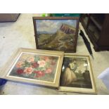 Two decorative prints and a naive oil on board of Arthur's Seat.
