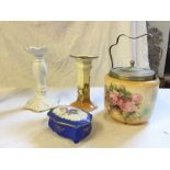 A biscuit barrel candlesticks and a trinket box including Royal Doulton and Bavarian.