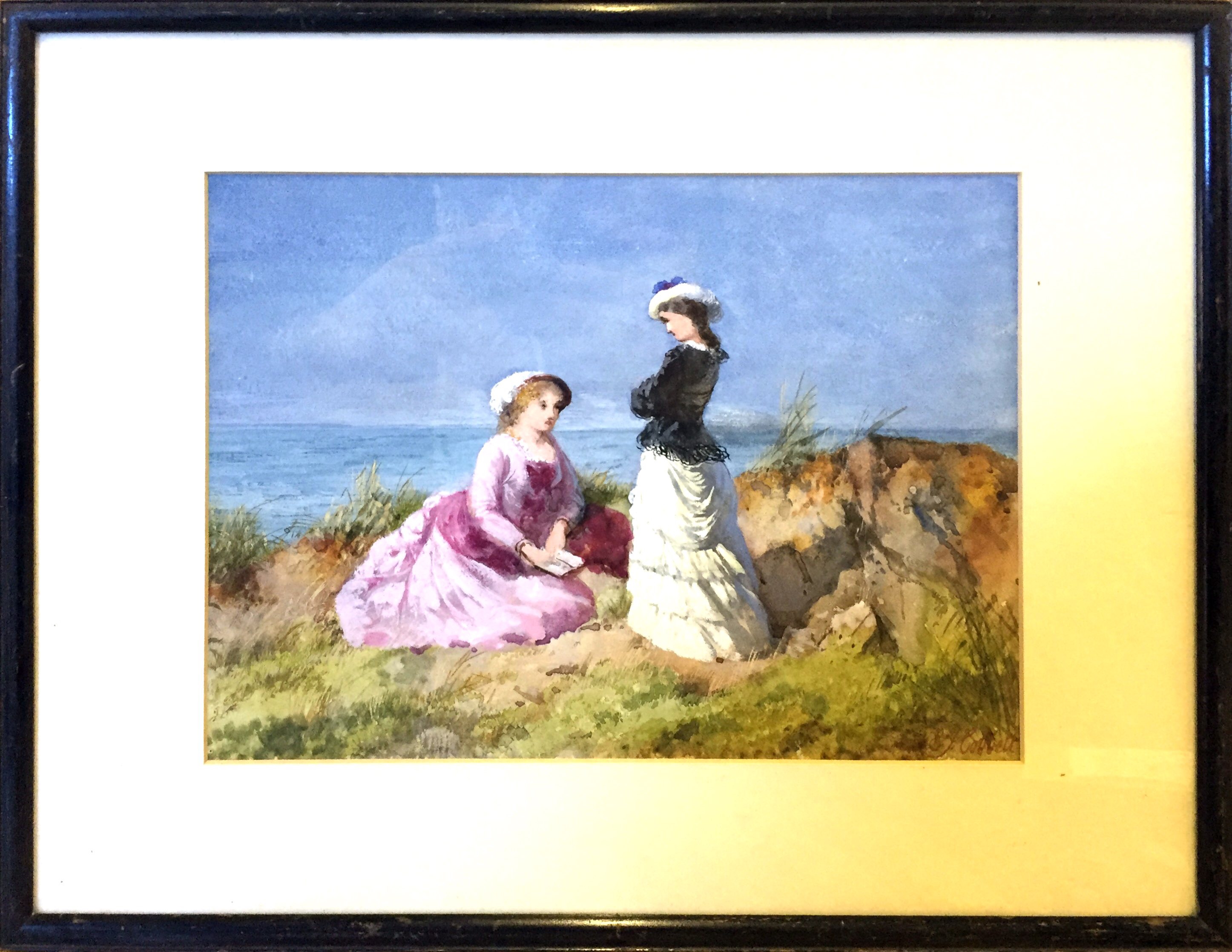 A gouache of two Victorian ladies by Edw