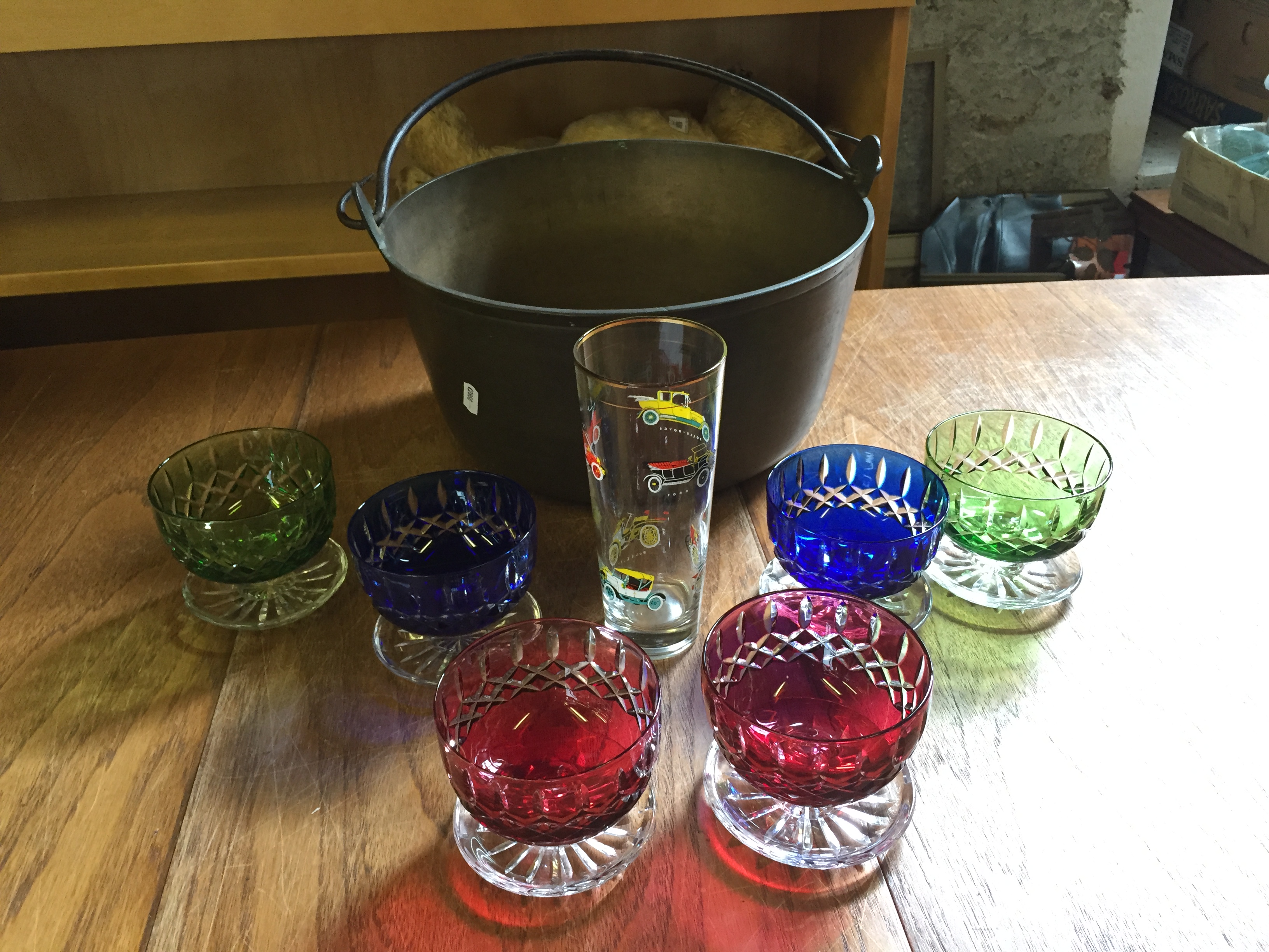 Vintage glassware and a brass jam pan.