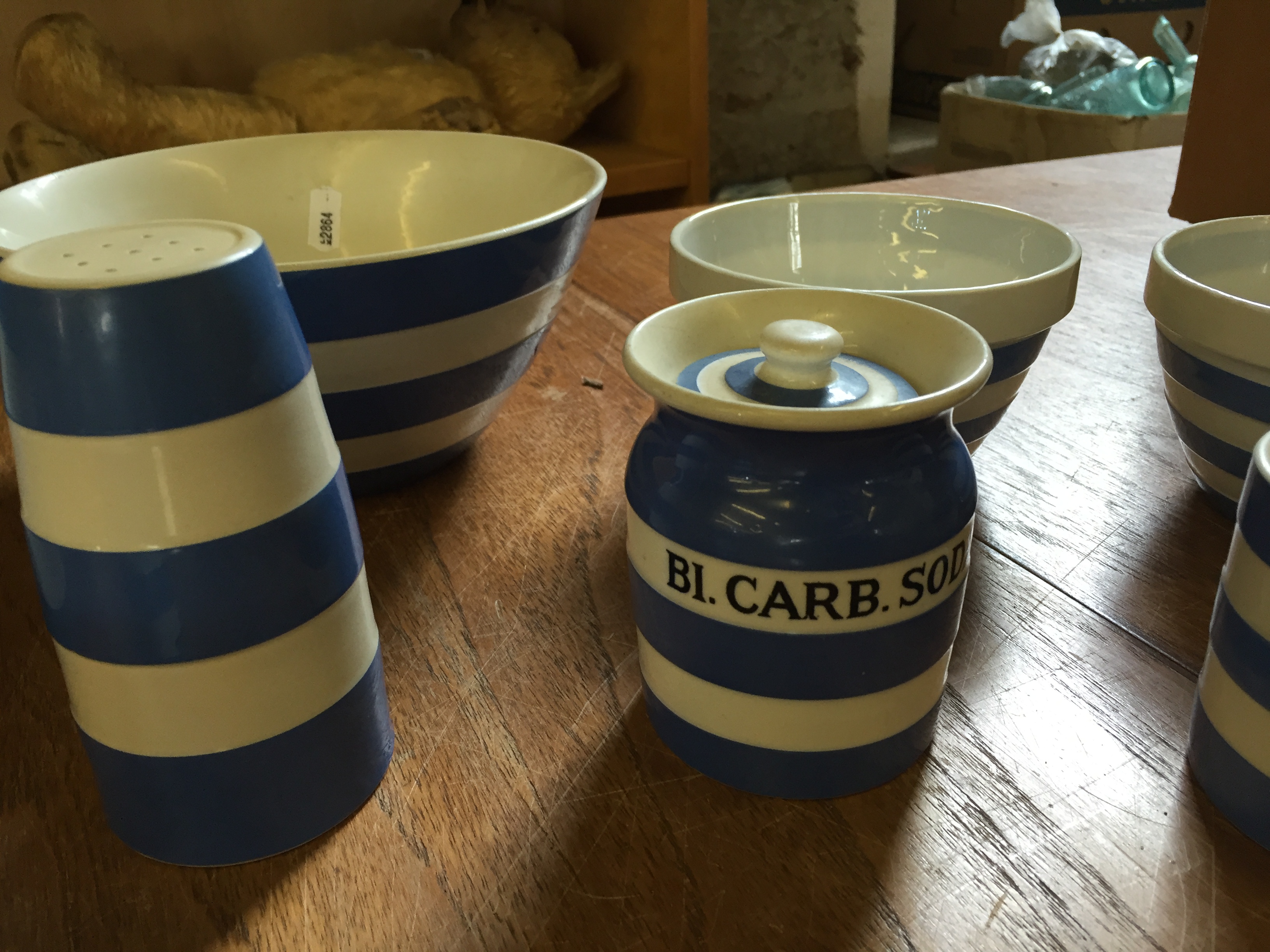 T & G Green blue and white Cornish ware with raised bands including Gresley back stamp. - Image 2 of 6