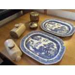 Two large Willow pattern ashets, two hot water pigs and two trine barrels.