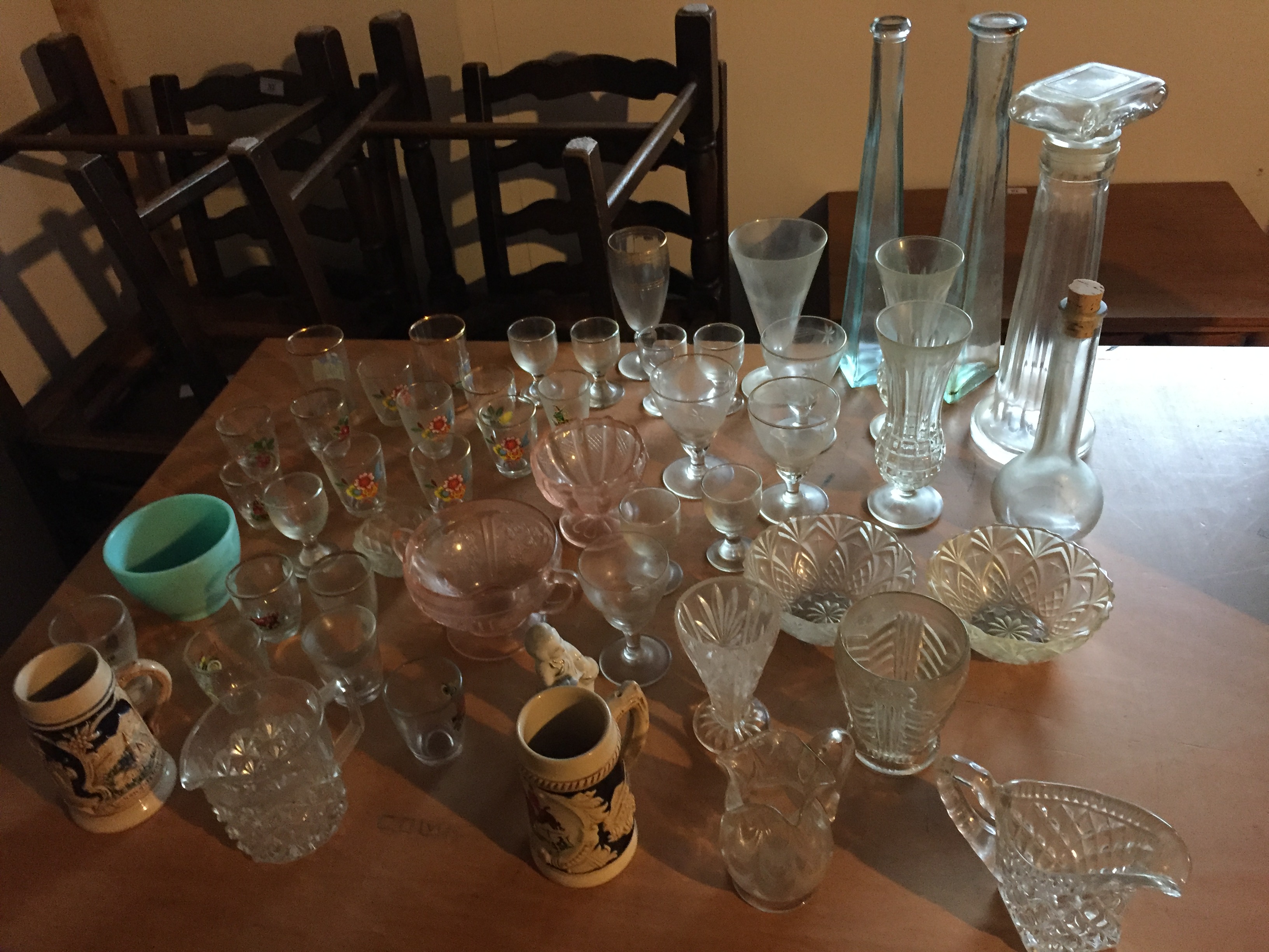 Various glass and two German tankards.