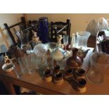 Glass and ceramics including Lindasfarne earthenware carafe and mugs