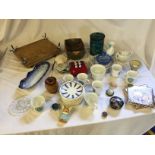 A mixed lot, a press, a wicker basket, tiles and various porcelain.