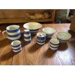 T & G Green blue and white Cornish ware with raised bands including Gresley back stamp.