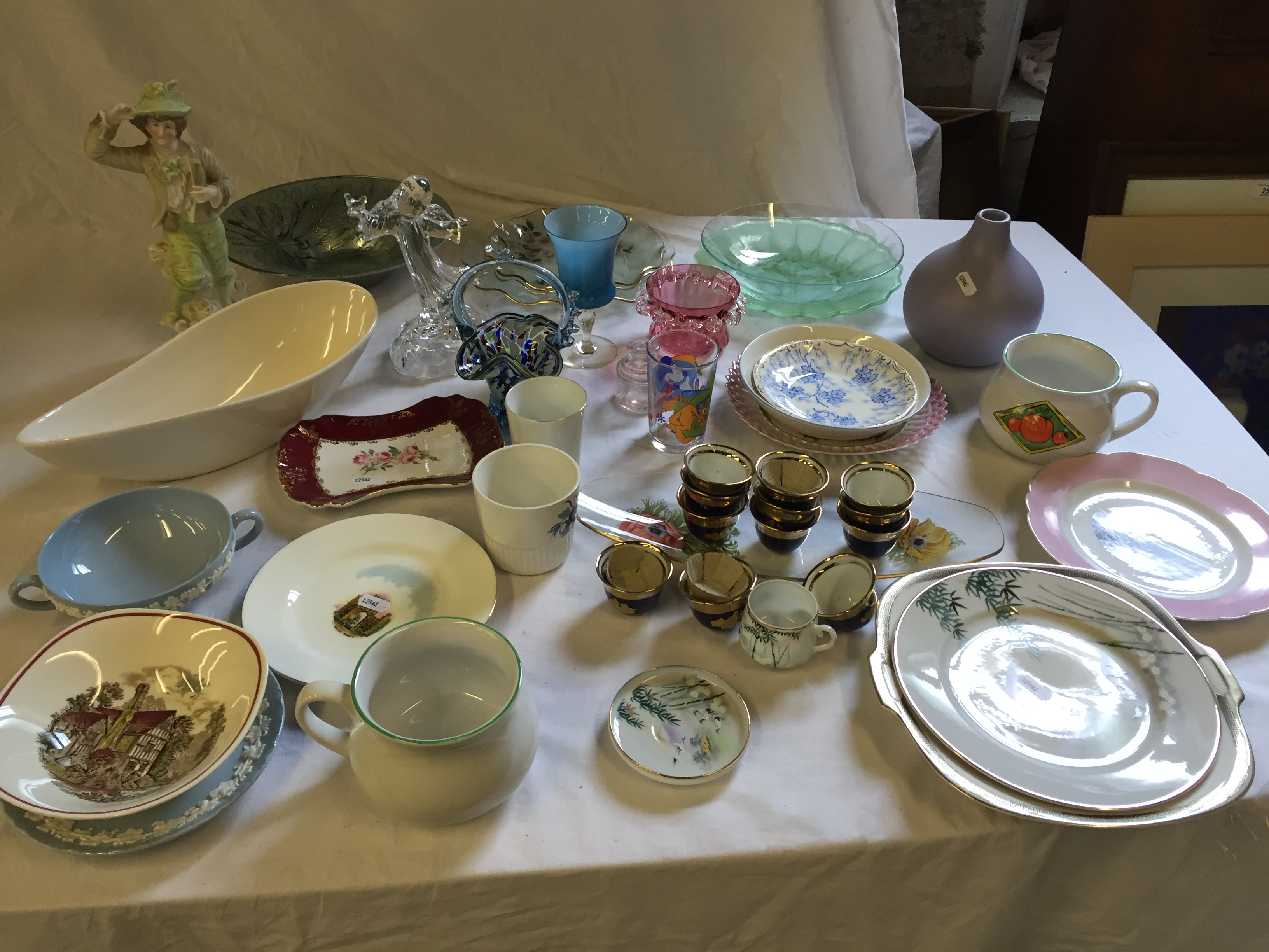 A large selection of various ceramics including art glass and Old Foley.