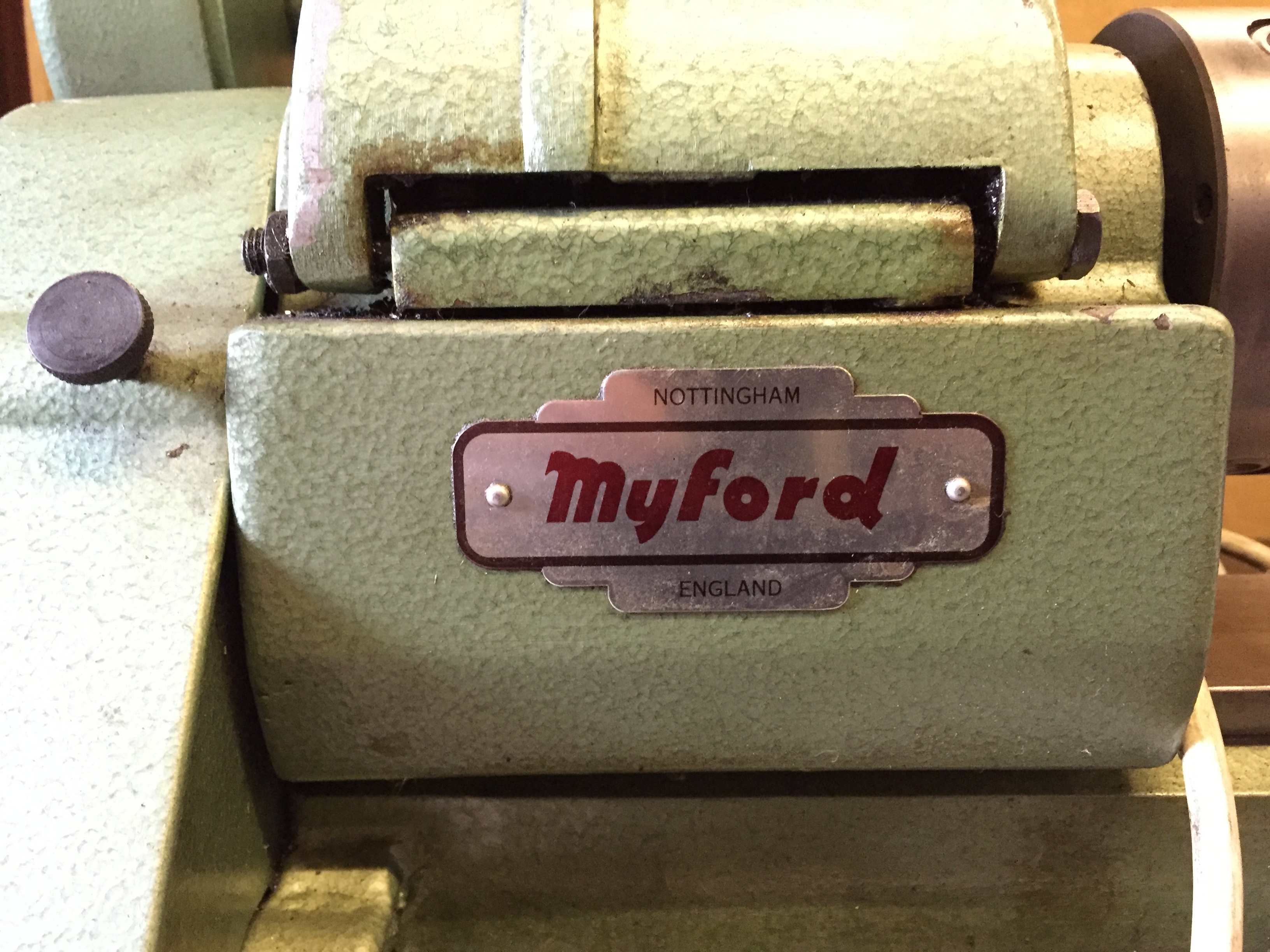 A Myford metal lathe Nottingham England mounted on a steel box tube bench. - Image 4 of 15