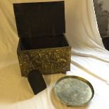 A brass log box a silver plate tray and a col shovel.