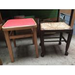 A beech 60's stool and an oak rush seat stool
