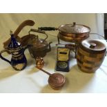 A copper warming pan, kettle a treen biscuit barell and others.