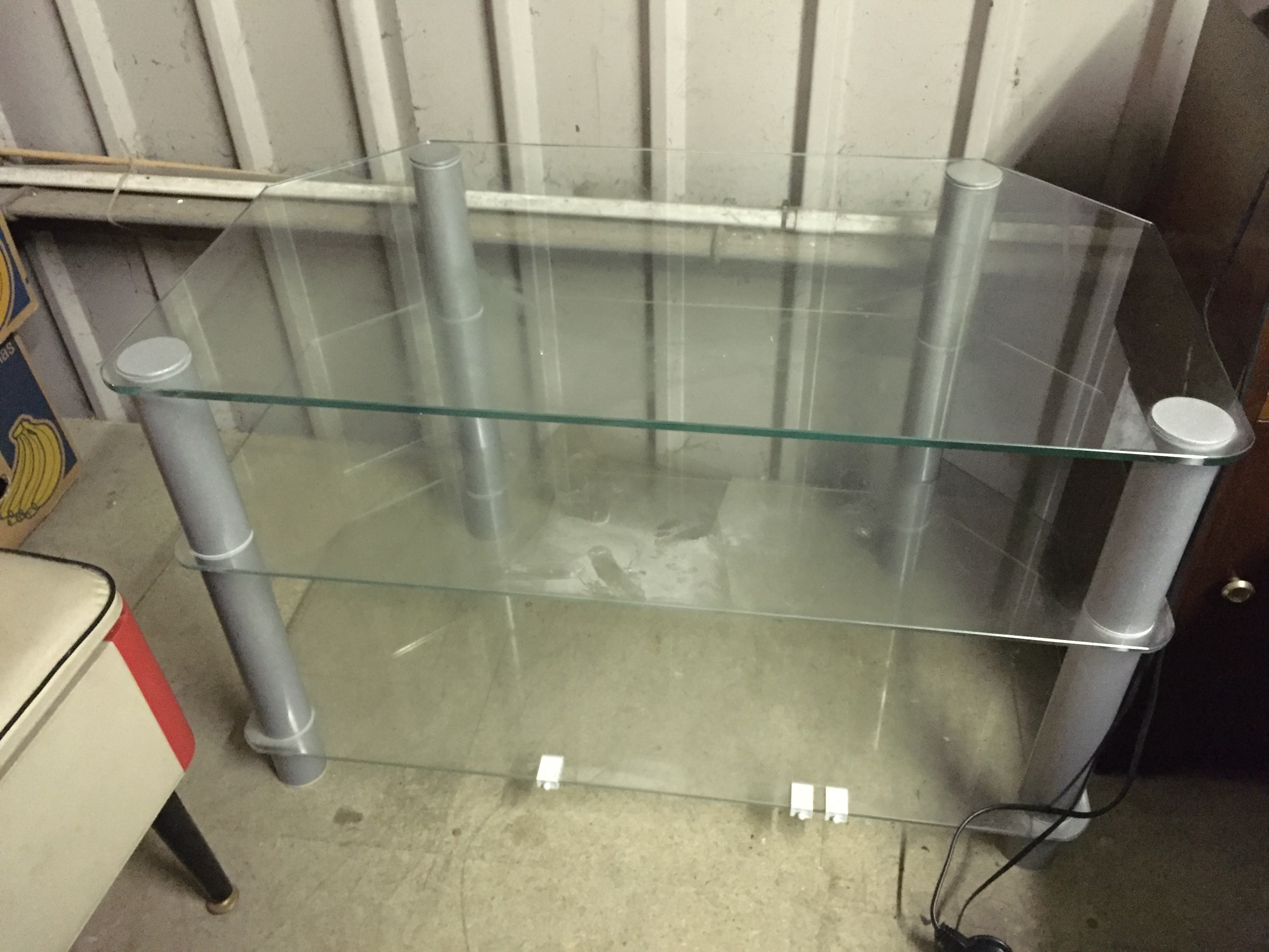 A glass television stand.