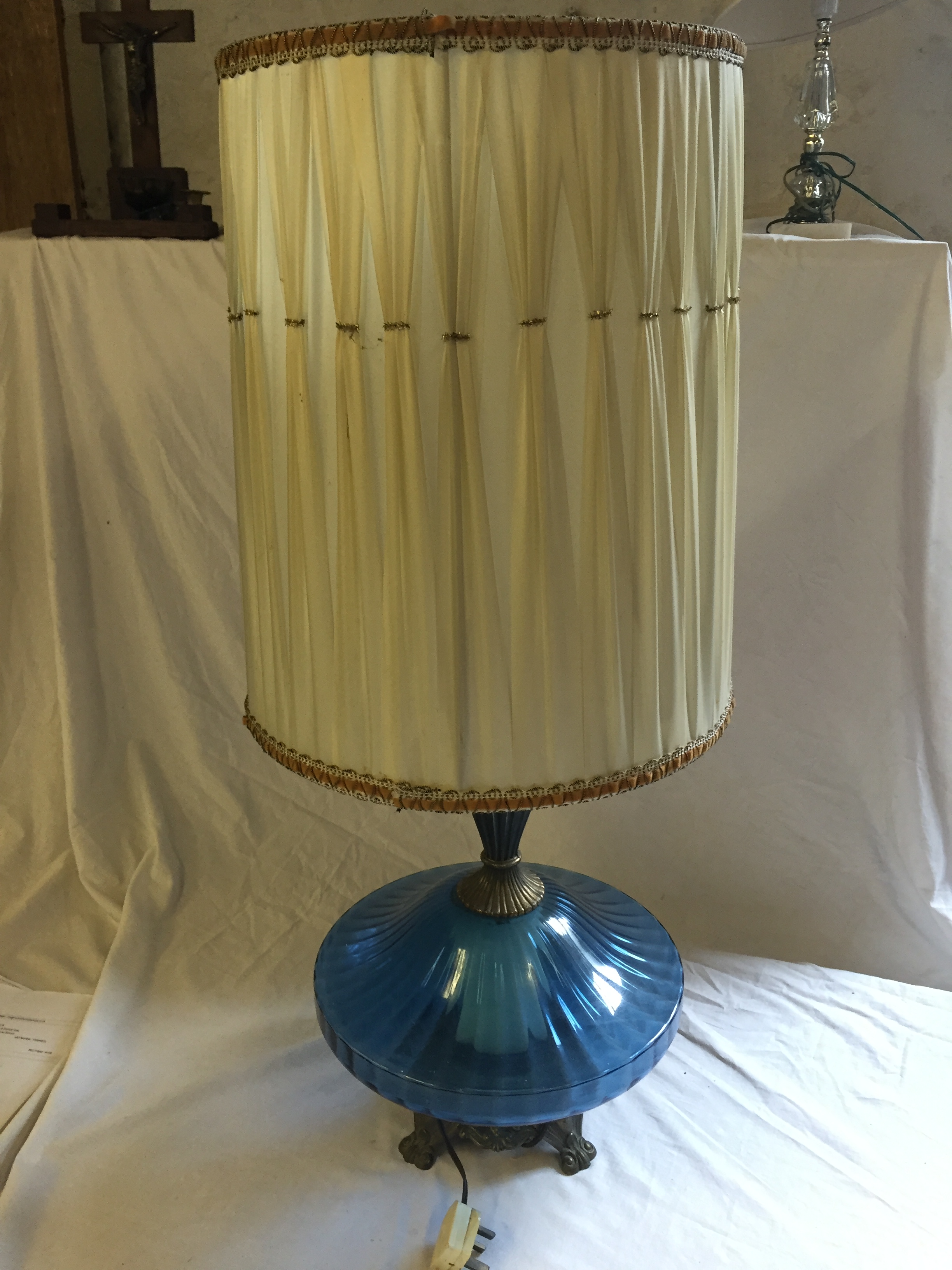 Two large table lamps 90mm with blue glass bases.