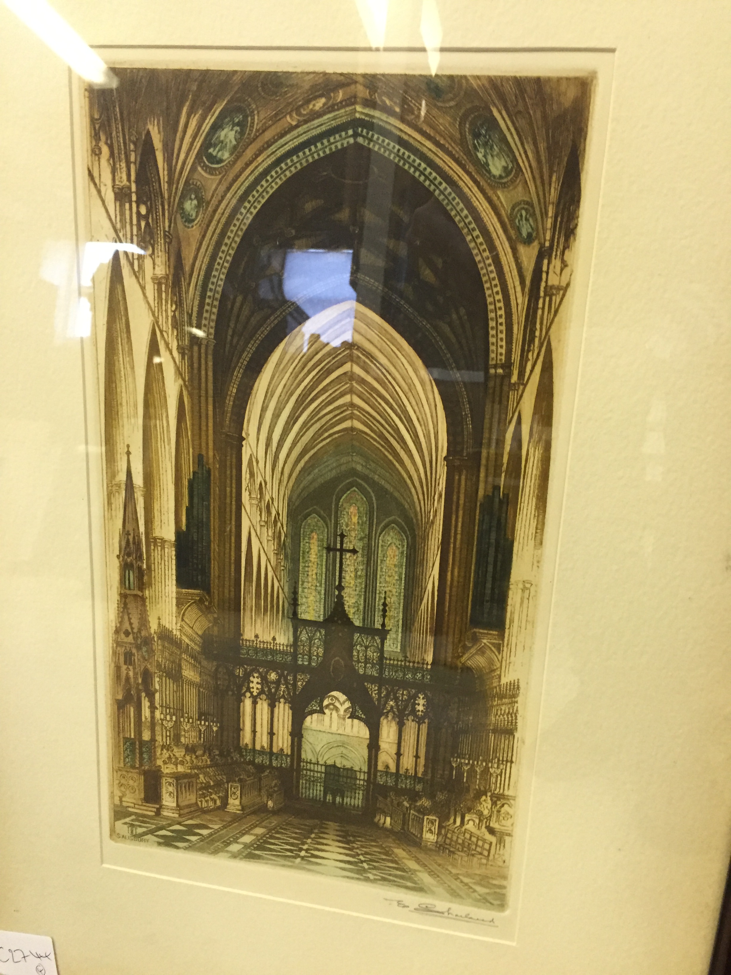 Salisbury Cathedral lithograph signed and one other signed. - Image 3 of 5