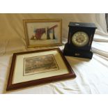 A slate chiming mantle clock And two prints.