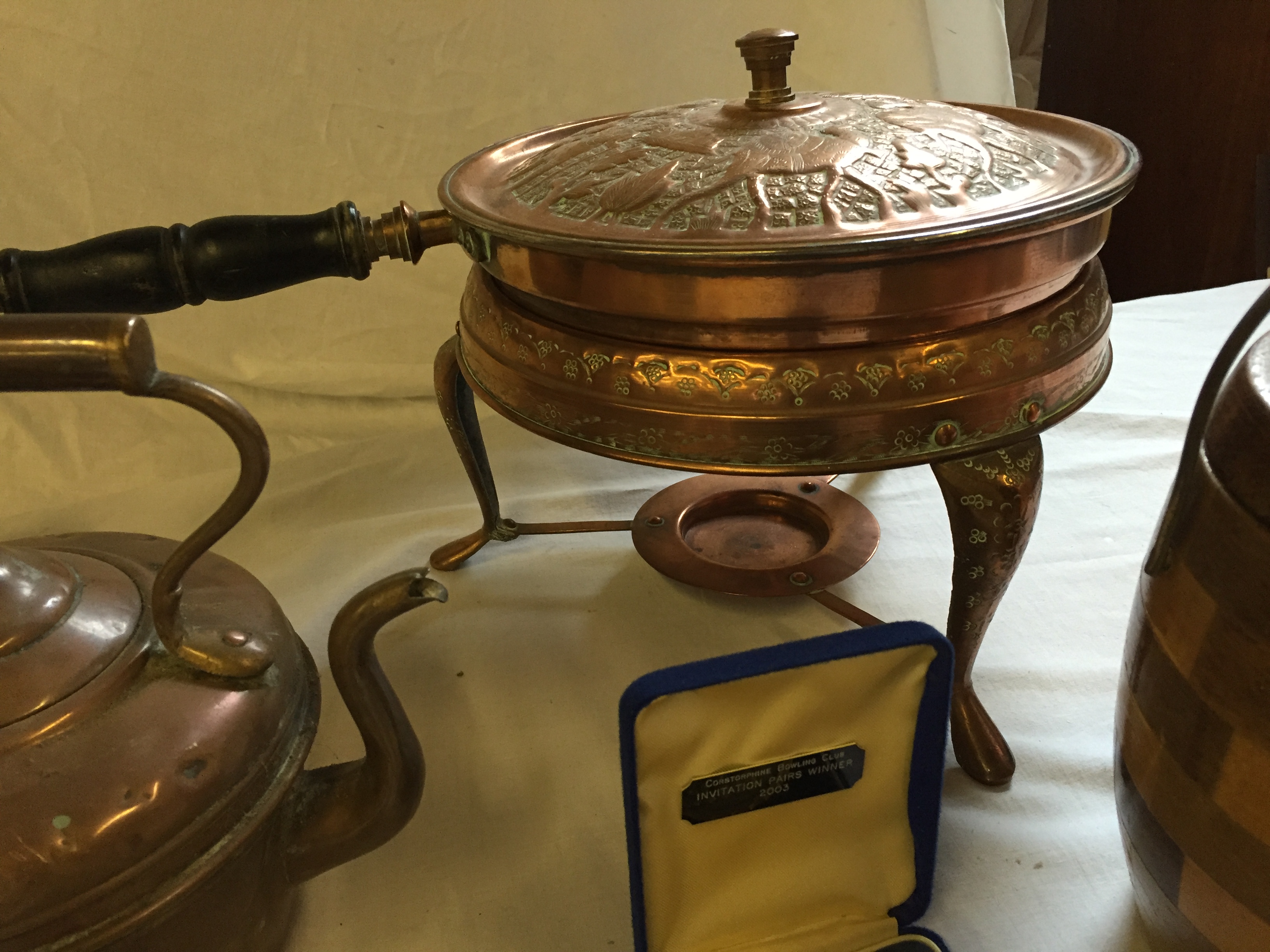 A copper warming pan, kettle a treen biscuit barell and others. - Image 2 of 2