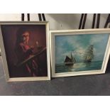 Two mid century pictures one a sea scape the other of a young girl climbing the stairs to bed with