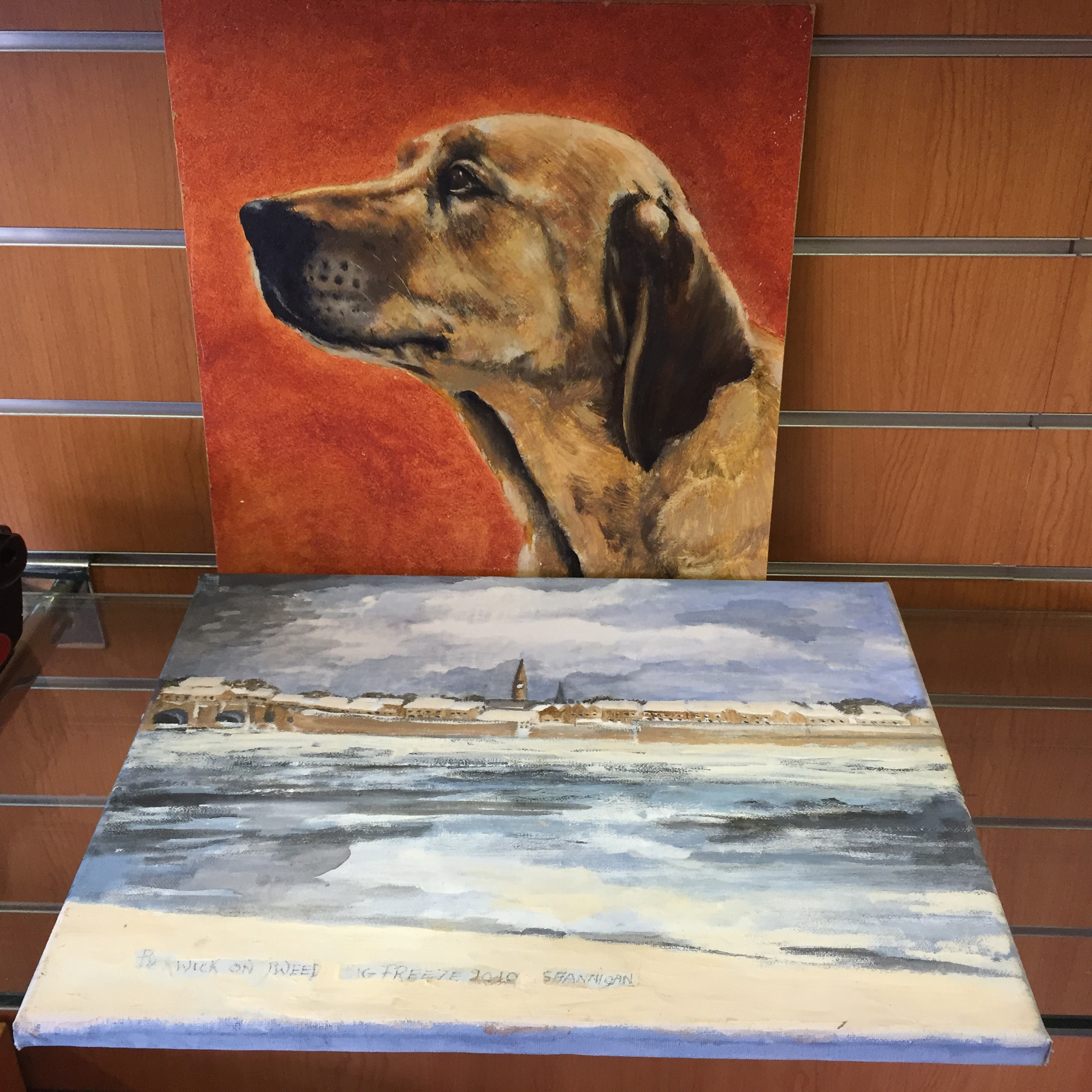 An oil of Berick upon Tweed The big Freeze and a portrait of a Labrador by John Young. - Image 4 of 4